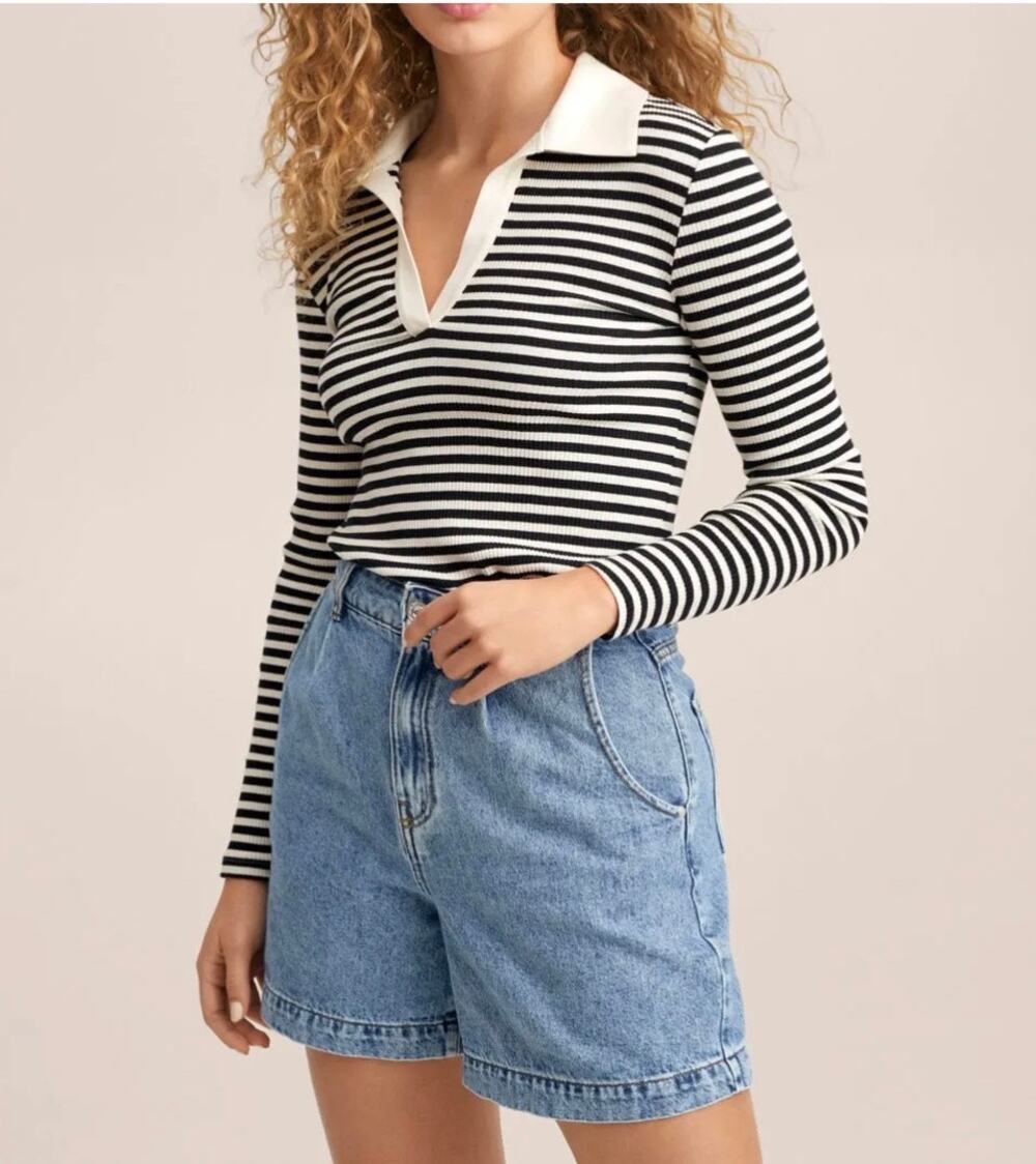 Mango Black & White Striped Long-Sleeve Polo Knit Top